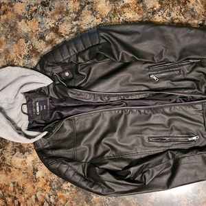 Men's faux leather, hooded jacket